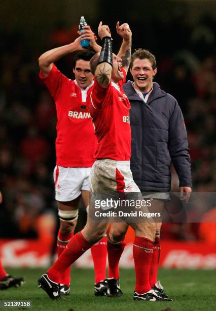 Gareth Thomas, the Wales captain, celebrates at the end of the RBS Six Nations International between Wales and England at the Millennium Stadium on...