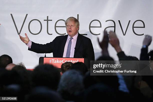London Mayor Boris Johnson addresses supporters during a rally for the 'Vote Leave' campaign on April 15, 2016 in Manchester, England. Boris Johnson...