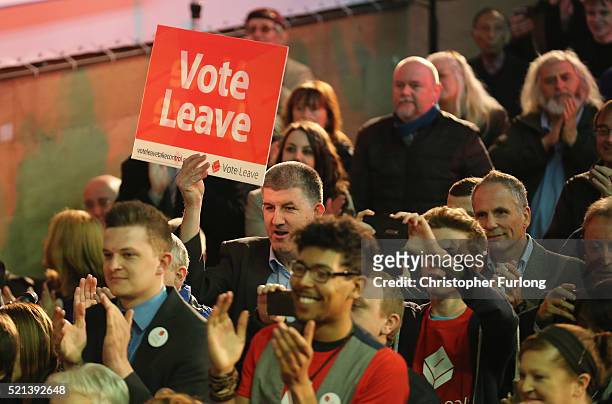 Vote Leave supporters wait for London Mayor Boris Johnson to address campaigners during a rally for the 'Vote Leave' campaign on April 15, 2016 in...