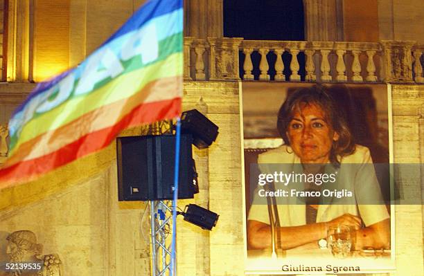 Poster of kidnapped journalist Giuliana Sgrena is seen during a meeting of solidarity in the Capitole Square on February 5 in Rome, Italy. Sgrena was...