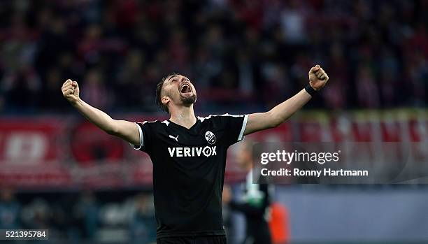 Florian Huebner of Sandhausen celebrates during the Second Bundesliga match between RB Leipzig and SV Sandhausen at Red Bull Arena on April 15, 2016...