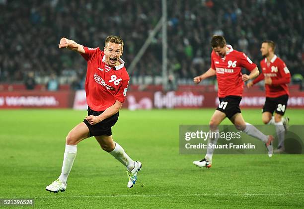 Artur Sobiech of Hannover celebrates scoring his goal during the Bundesliga match between Hannover 96 and Borussia Moenchengladbach at HDI-Arena on...