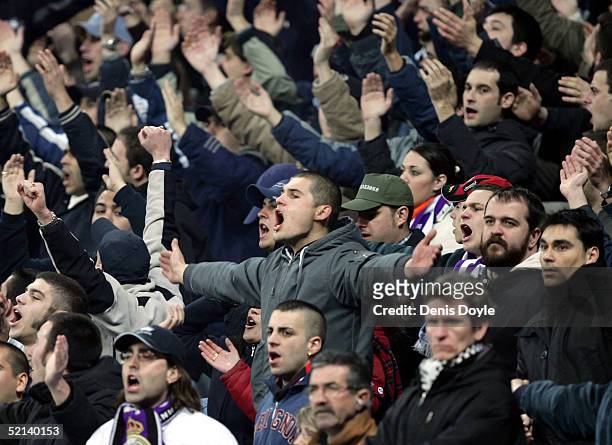 Ultra Sur fans of Real Madrid cheer during a Primera Liga soccer match against Espanyol at the Bernabeu on February 5, 2005 in Madrid, Spain.