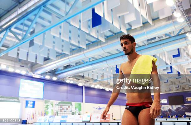 Francois Imbeau-Dulac of Canada prepares for the Men's 3m Synchro Final during Day One of the FINA/NVC Diving World Series 2016 at the Windsor...
