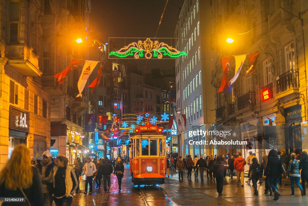 Christmas Lights, National Flags and Tramway in Istanbul, Turkey