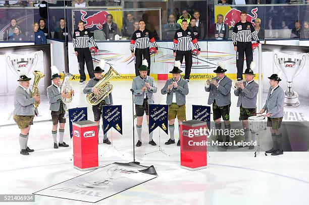 Bachhauser Blasmusik during the game between the EHC Red Bull Muenchen and the Grizzlys Wolfsburg on April 15, 2016 in Munich, Germany.