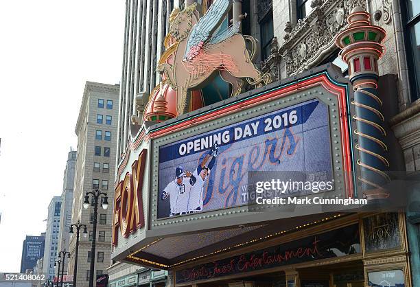 General view of the Fox Theatre marquee as it displays a message welcoming fans to the Opening Day game between the Detroit Tigers and the New York...