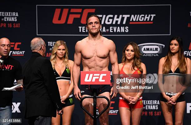 Michael Graves steps on the scale during the UFC Fight Night weigh-in at Ruth Eckerd Hall on April 15, 2016 in Clearwater, Florida.