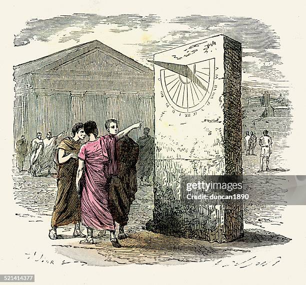 ancient rome - telling time by a sundial - ancient sundials stock illustrations