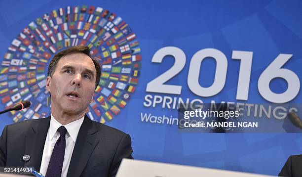 Canada's Finance Minister Bill Morneau speaks during a press conference during the annual International Monetary Fund, World Bank Spring Meetings at...