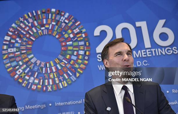 Canada's Finance Minister Bill Morneau speaks during a press conference during the annual International Monetary Fund, World Bank Spring Meetings at...