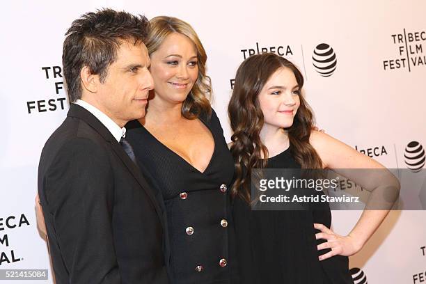 Ben Stiller, Ella Stiller, Christine Taylor attend "Little Boxes" Premiere - 2016 Tribeca Film Festival at Chelsea Bow Tie Cinemas on April 15, 2016...