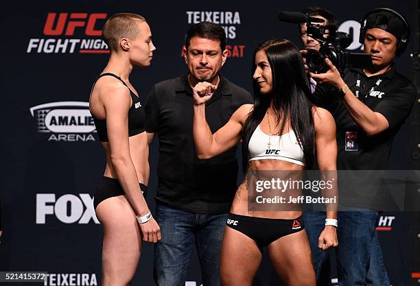 Opponents Rose Namajunas and Tecia Torres face off during the UFC Fight Night weigh-in at Ruth Eckerd Hall on April 15, 2016 in Clearwater, Florida.