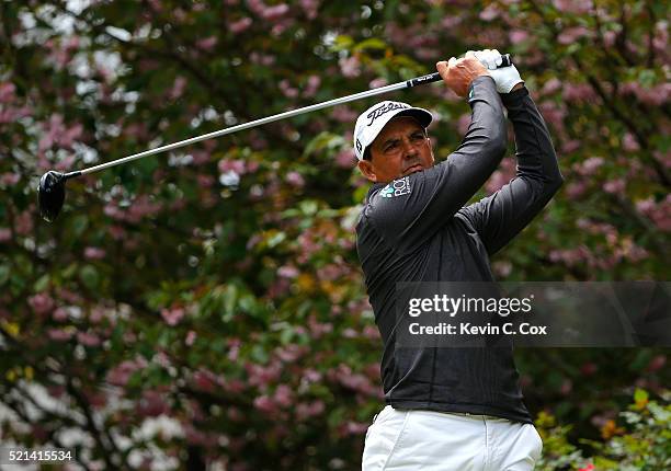 Tom Pernice Jr., tees off the fourth hole during the first round of the Mitsubishi Electric Classic at TPC Sugarloaf on April 15, 2016 in Duluth,...