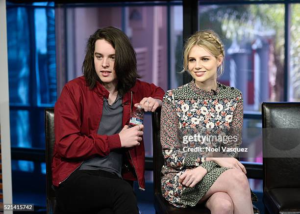 Ferdia Walsh-Peelo and Lucy Boynton visit "Extra" at Universal Studios Hollywood on April 15, 2016 in Universal City, California.