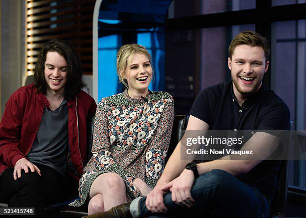 Ferdia Walsh-Peelo, Lucy Boynton and Jack Reynor visit "Extra" at Universal Studios Hollywood on April 15, 2016 in Universal City, California.