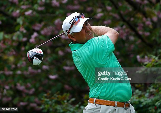 Scott Parel tees off the fourth hole during the first round of the Mitsubishi Electric Classic at TPC Sugarloaf on April 15, 2016 in Duluth, Georgia.