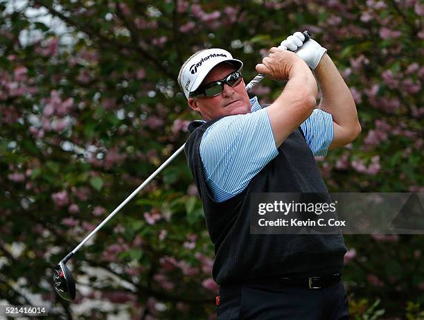 Mike Springer tees off the fourth hole during the first round of the Mitsubishi Electric Classic at TPC Sugarloaf on April 15, 2016 in Duluth,...