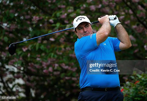 Craig Parry of Australia tees off the fourth hole during the first round of the Mitsubishi Electric Classic at TPC Sugarloaf on April 15, 2016 in...