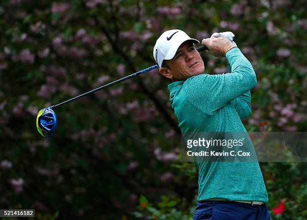 Brian Henninger tees off the fourth hole during the first round of the Mitsubishi Electric Classic at TPC Sugarloaf on April 15, 2016 in Duluth,...