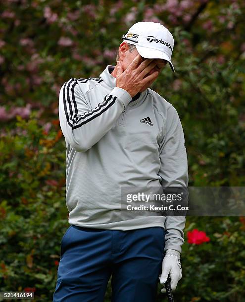 Scott Verplank reacts after teeing off the fourth hole during the first round of the Mitsubishi Electric Classic at TPC Sugarloaf on April 15, 2016...
