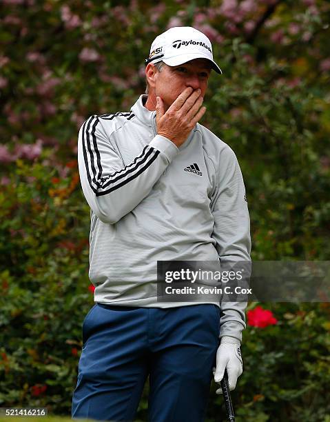 Scott Verplank reacts after teeing off the fourth hole during the first round of the Mitsubishi Electric Classic at TPC Sugarloaf on April 15, 2016...