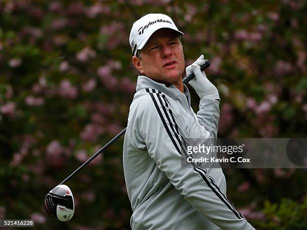 Scott Verplank tees off the fourth hole during the first round of the Mitsubishi Electric Classic at TPC Sugarloaf on April 15, 2016 in Duluth,...