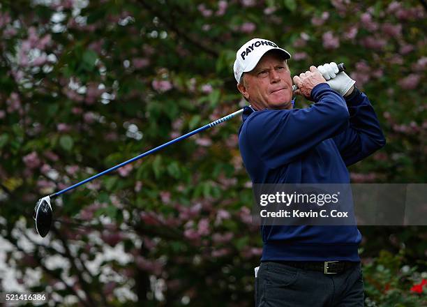 Jeff Sluman tees off the fourth hole during the first round of the Mitsubishi Electric Classic at TPC Sugarloaf on April 15, 2016 in Duluth, Georgia.