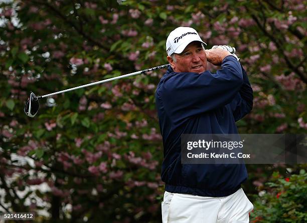 Duffy Waldorf tees off the fourth hole during the first round of the Mitsubishi Electric Classic at TPC Sugarloaf on April 15, 2016 in Duluth,...