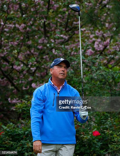 Olin Browne reacts after teeing off the fourth hole during the first round of the Mitsubishi Electric Classic at TPC Sugarloaf on April 15, 2016 in...