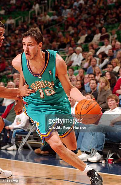 Bostjan Nachbar of the New Orleans Hornets dribbles against the Utah Jazz on February 5, 2005 at the Delta Center in Salt Lake City, Utah. NOTE TO...