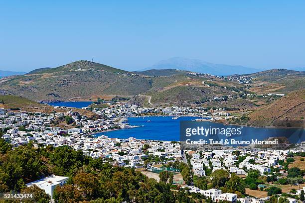 greece, dodecanese, patmos, skala cityscape - skala greece stock-fotos und bilder