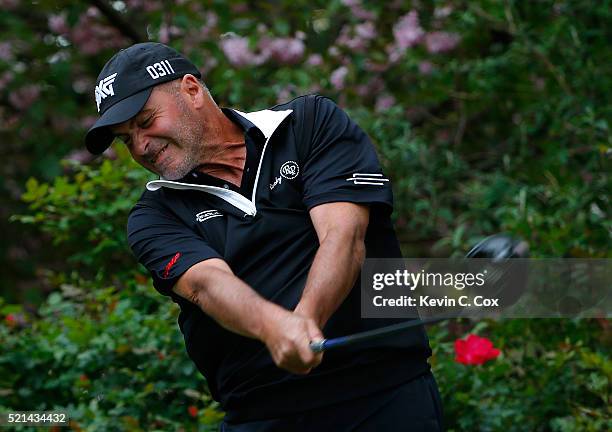 Rocco Mediate tees off the fourth hole during the first round of the Mitsubishi Electric Classic at TPC Sugarloaf on April 15, 2016 in Duluth,...