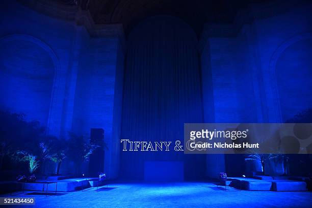 Tiffany & Co. Logo on display at the Tiffany & Co. Blue Book Gala at The Cunard Building on April 15, 2016 in New York City.