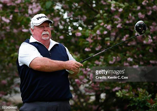 Craig Stadler tees off the fourth hole during the first round of the Mitsubishi Electric Classic at TPC Sugarloaf on April 15, 2016 in Duluth,...