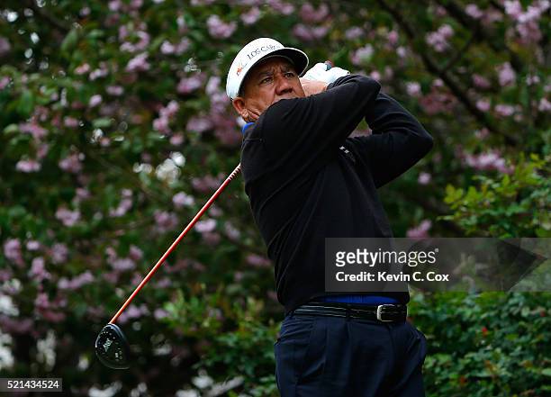 Esteban Toledo of Mexico tees off the fourth hole during the first round of the Mitsubishi Electric Classic at TPC Sugarloaf on April 15, 2016 in...