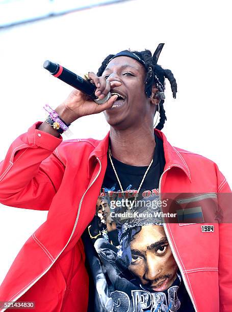 Recording artist Joey Bada$$ performs onstage during day 1 of the 2016 Coachella Valley Music & Arts Festival Weekend 1 at the Empire Polo Club on...