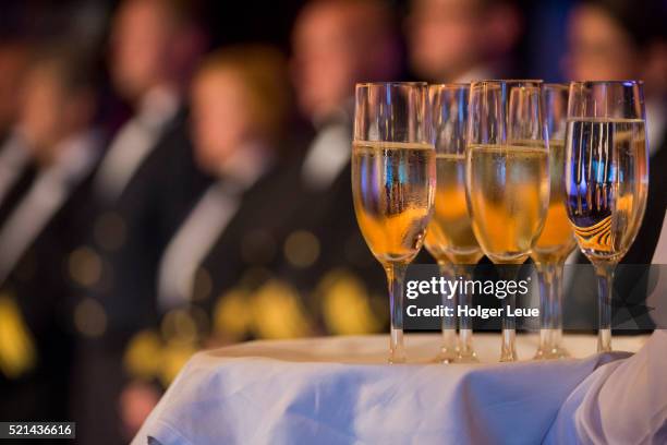 champagne glasses at welcome gala in kaisersaal ballroom aboard cruise ship ms deutschland (reederei - ms deutschland cruise ship stock pictures, royalty-free photos & images