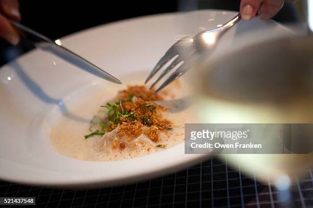 wild mushroom and crab ravioli in ze kithcne galerie, paris - galerie stock pictures, royalty-free photos & images