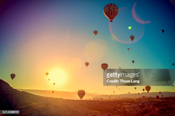 hot air balloons over cappadocia, turkey - cappadocia hot air balloon stock-fotos und bilder
