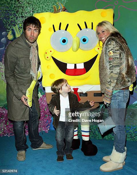 Musician Liam Gallagher, Nicole Appleton and their son Gene Appleton Gallagher arrive at the UK Gala Premiere of "The SpongeBob SquarePants Movie" at...