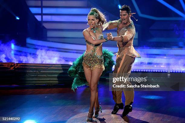 Victoria Swarovski and Erich Klann perform on stage during the 5th show of the television competition 'Let's Dance' at Coloneum on April 15, 2016 in...