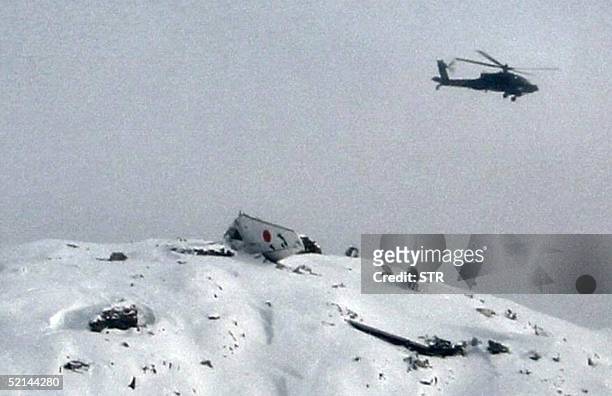 Helicopter flies over the wreckage of an Afghan passenger jet, which crashed in snowclad mountains east of Kabul three days ago, 06 February 2005....