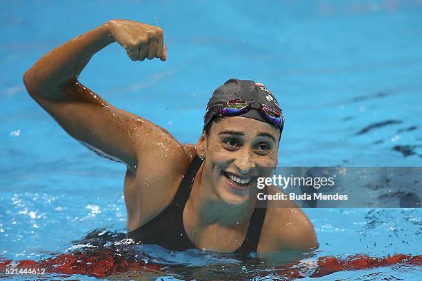 Daynara Ferreira de Paula of Brazil celebrates the second place after the Women's 100m Butterfly Finals at the Aquece Rio Test Event for the Rio 2016...