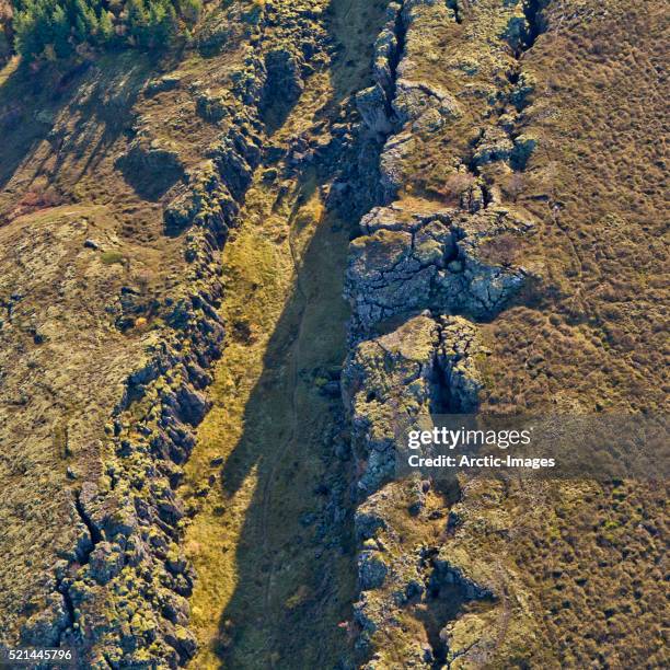 mid-atlantic ridge fault line, thingvellir national park, iceland - fault geology stock pictures, royalty-free photos & images