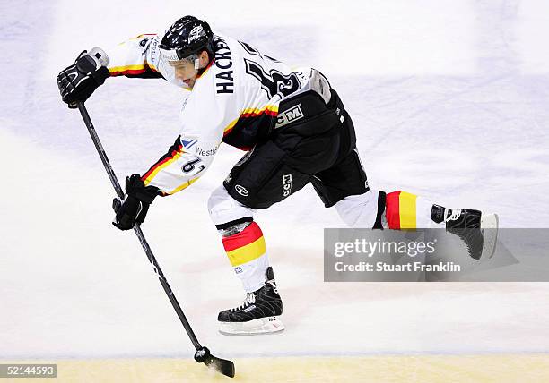 Michael Hackert of Germany in action during the exhibition match between the DEL Allstars and the German National Ice Hockey team February 6, 2005 at...