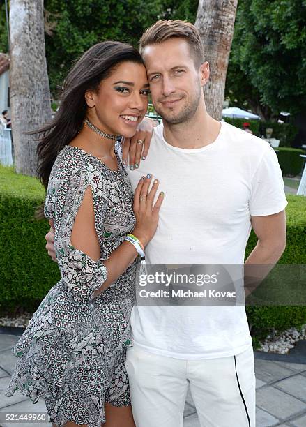 Hannah Bronfman and DJ Brendan Fallis attend Emily Ratajkowski hosts Sunset Kickoff at the POPSUGAR Cabana Club on April 15, 2016 in Palm Springs,...