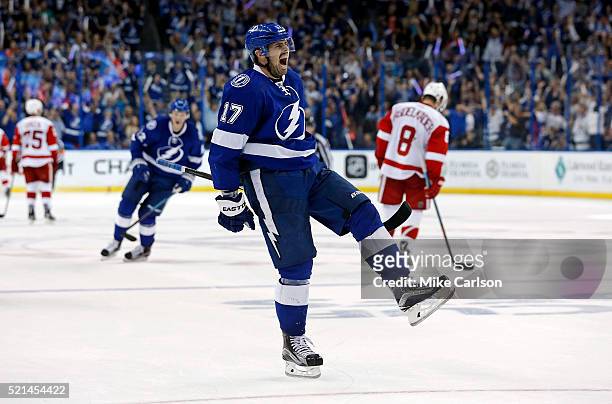 Alex Killorn of the Tampa Bay Lightning celebrates his goal against the Detroit Red Wings during the third period in Game Two of the Eastern...