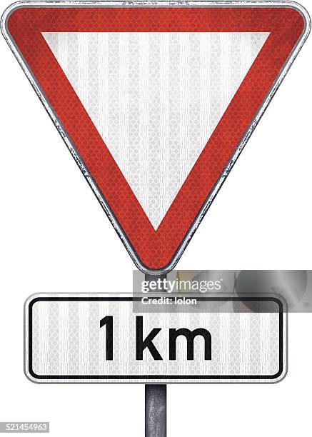 stockillustraties, clipart, cartoons en iconen met blank triangular road sign with 1 km ahead to hazard - kilometer