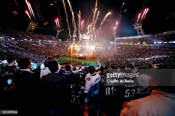 Fireworks explode as singer Paul McCartney performs during the Super Bowl XXXIX halftime show at Alltel Stadium on February 6, 2005 in Jacksonville,...